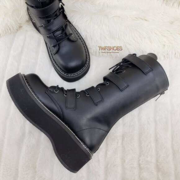 Goth Platform Combat Boots Bat Buckle Straps Emily 322 - Picture 6 of 13